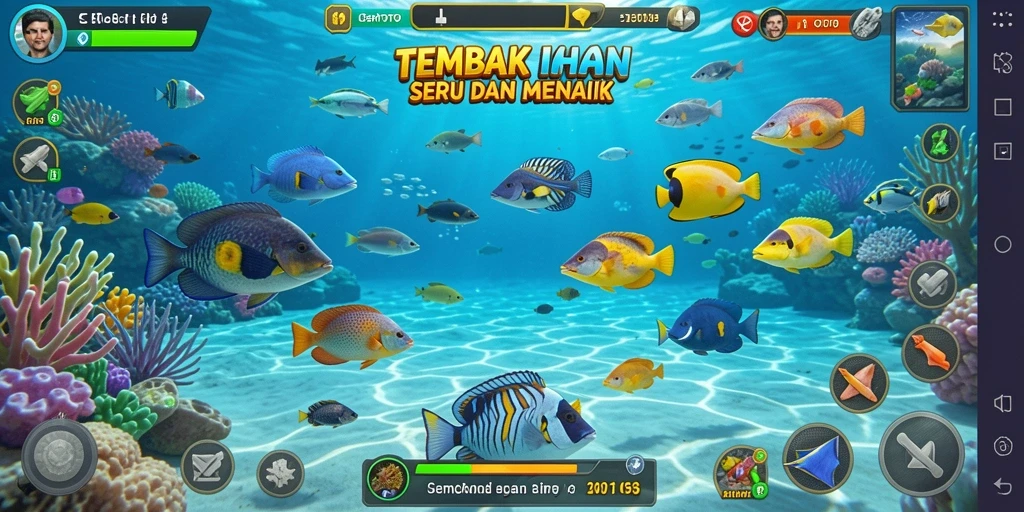 Tangkapan layar utama CERITOTO menampilkan aksi seru menembak ikan.