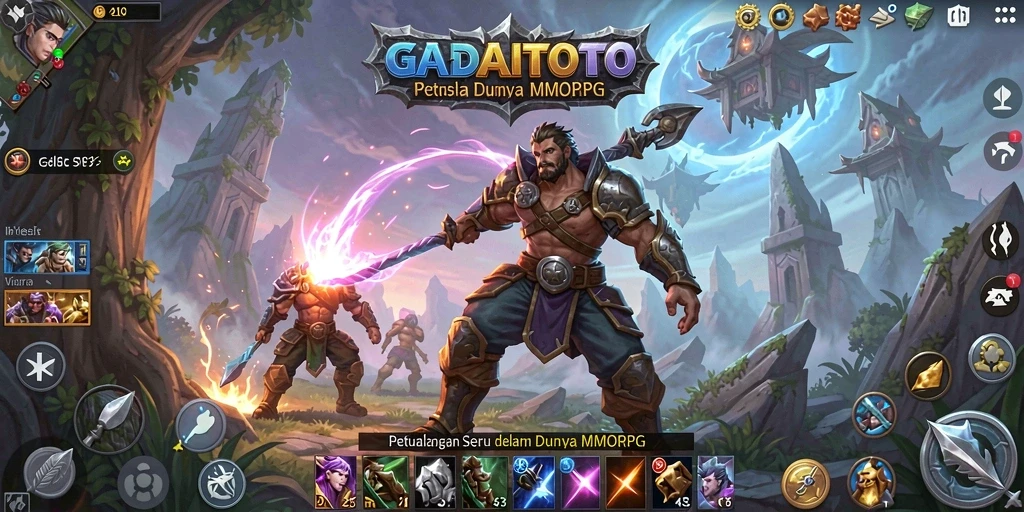 Screenshot gameplay GADAITOTO menunjukkan karakter beraksi di dunia MMORPG yang luas.