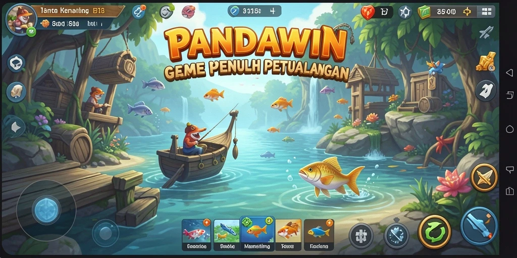 Tampilan screenshot utama PANDAWIN menampilkan pemain yang sedang asyik memancing di lokasi indah.
