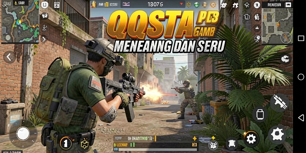 Screenshot gameplay QQSTAR menampilkan aksi tembak-menembak yang seru dan intens.
